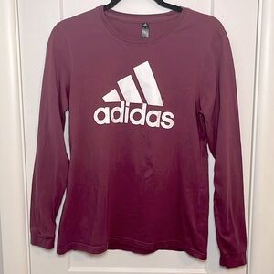 adidas Maroon Cotton Ribbed Logo Graphic Long Sleeve Crew Neck Active Wear Top